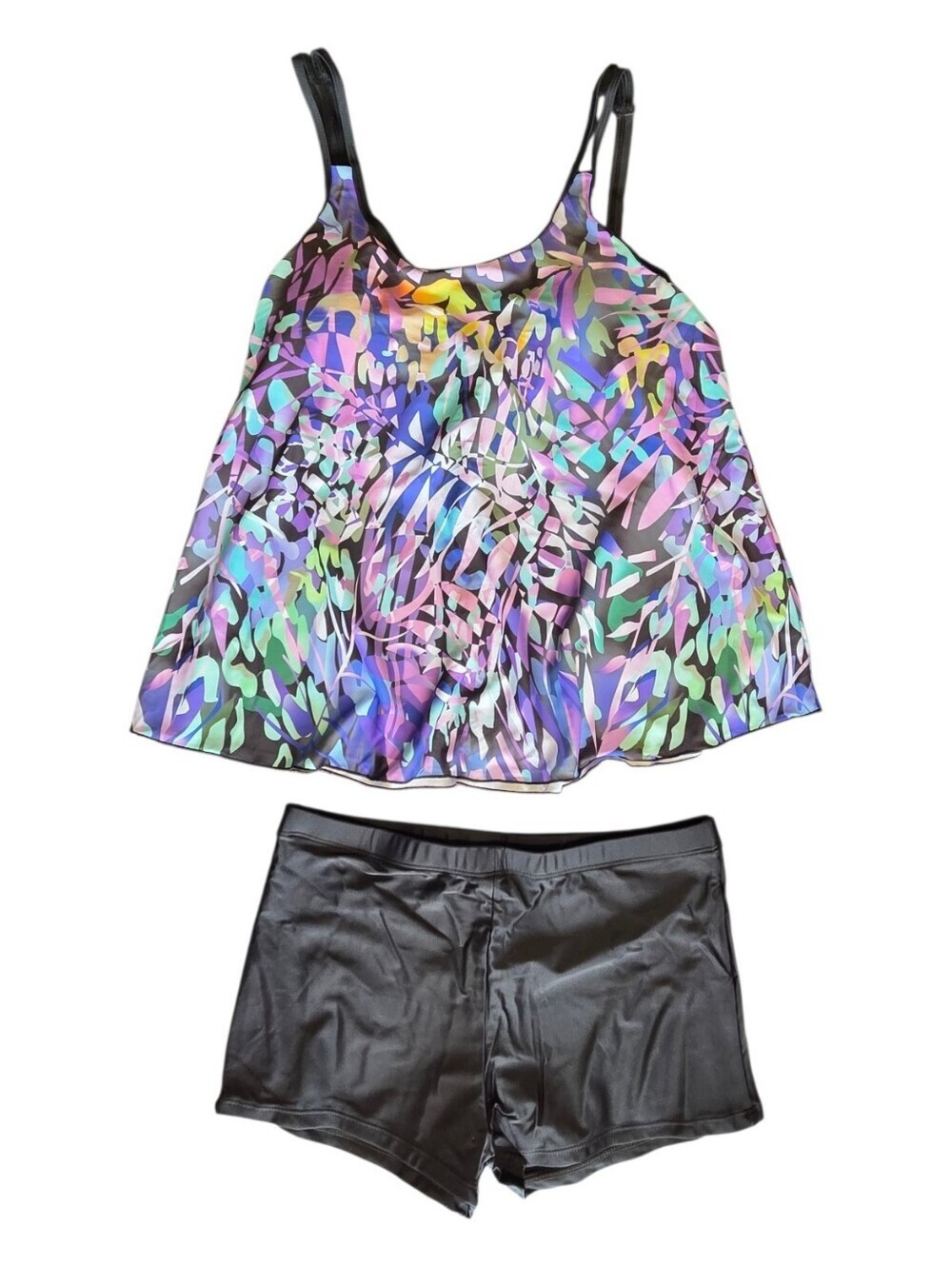 Multicolor Babydoll Tankini Top with Black Swim Shorts Size Large